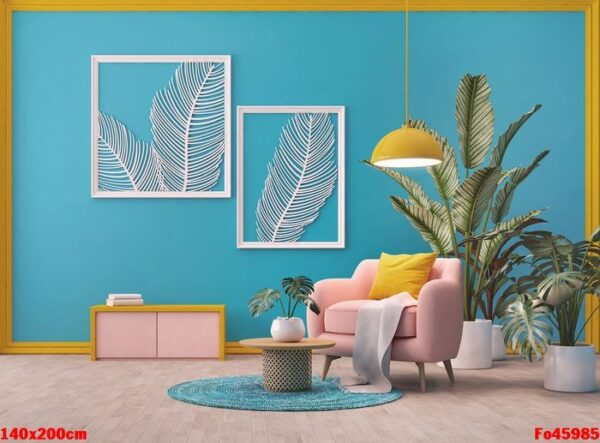 living room design with blue,pink and yellow color.plant on background and leaf canvas.3d rendering