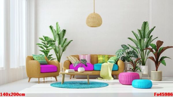 living room design with magenta and blue color.plant on background.rattan sofa and armchair.3d rendering