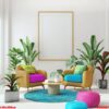 living room design with magenta and blue color.plant on background and blank canvas.rattan armchair.3d rendering