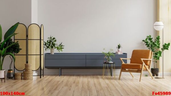 mock up cabinet in modern living room with leather armchair and plant on white wall background.