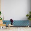 mock up cabinet in modern living room with leather armchair and plant on white wall background.