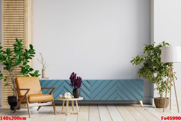 mock up cabinet in modern living room with leather armchair and plant on white wall background.