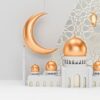 mosque and candle lanterns with moon are hanging on clean white background with islamic ornament. ramadan kareem template. 3d render illustration.