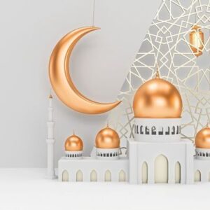 mosque and candle lanterns with moon are hanging on clean white background with islamic ornament. ramadan kareem template. 3d render illustration.