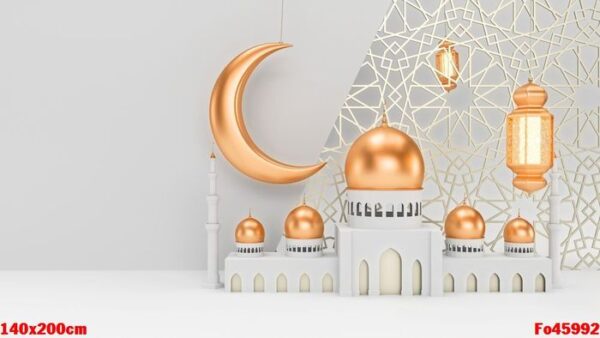 mosque and candle lanterns with moon are hanging on clean white background with islamic ornament. ramadan kareem template. 3d render illustration.