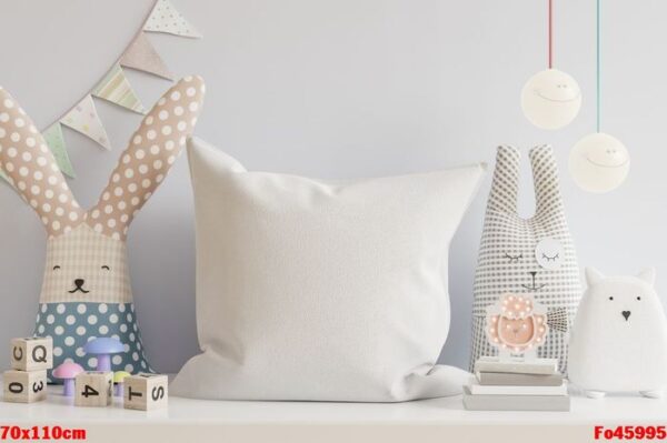 mockup pillow in the children's room on light blue colors wall background.