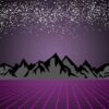 80s style sci fi, dark starry sky background behind black and gray mountains. purple grid. futuristic illustration or poster template.