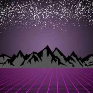 80s style sci fi, dark starry sky background behind black and gray mountains. purple grid. futuristic illustration or poster template.