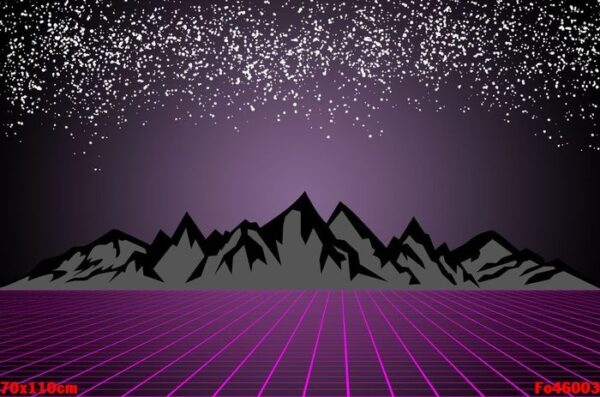 80s style sci fi, dark starry sky background behind black and gray mountains. purple grid. futuristic illustration or poster template.