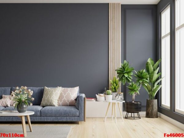 stylish modern wooden living room has an dark blue sofa on empty dark blue wall background.