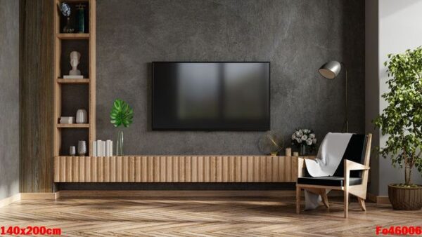 mockup a tv in modern living room with armchair and plant on concrete wall background.