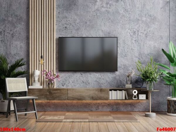 mockup a tv in modern living room with armchair and plant on concrete wall background.