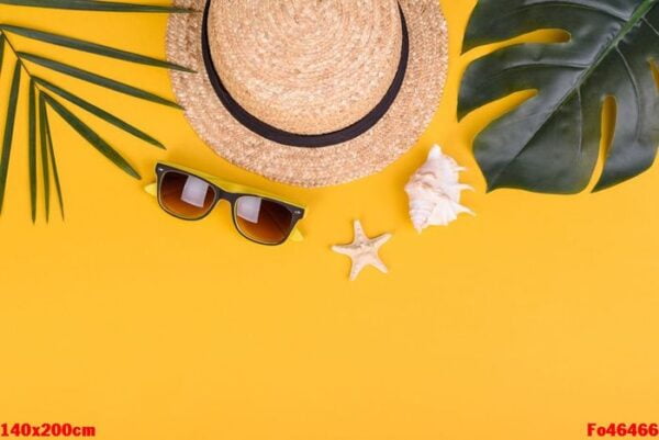 beach accessories: glasses and hat with shells and sea stars on a colored background