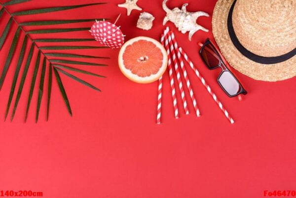 beach accessories with shells and sea stars on a colored background