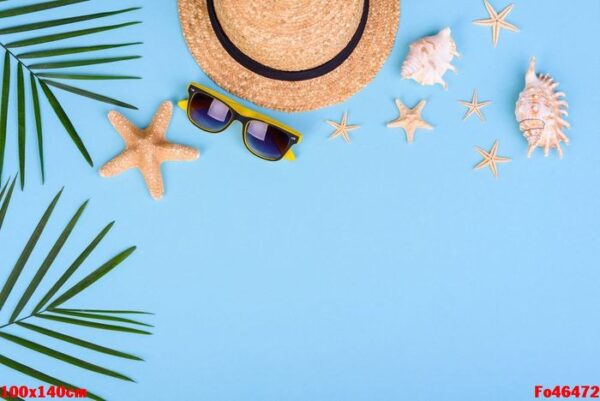 beach accessories: glasses and hat with shells and sea stars on a colored background