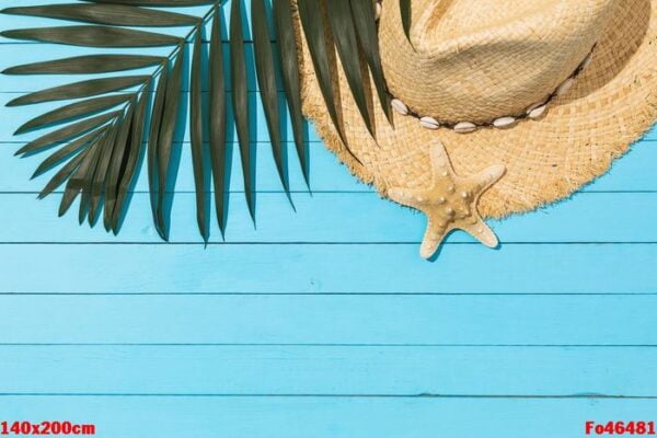 chico leaf, hat and starfish on a light blue wooden background w