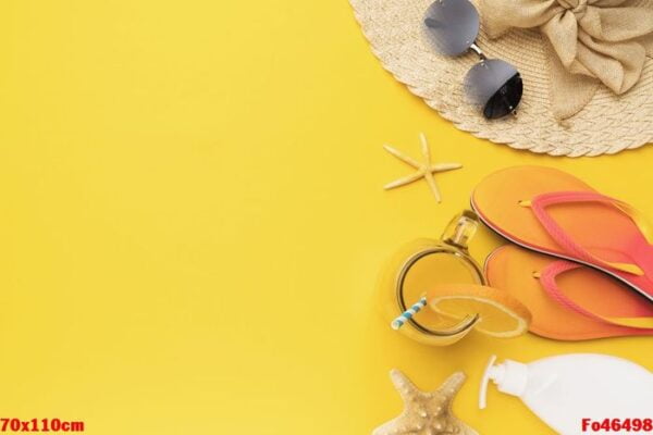 hat, sunglasses, beach slippers, starfish and orange juice on a