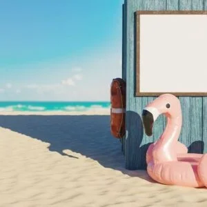 mockup of blank signage panel in a wooden hut on the beach with flamingo float