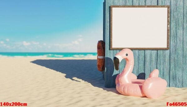 mockup of blank signage panel in a wooden hut on the beach with flamingo float