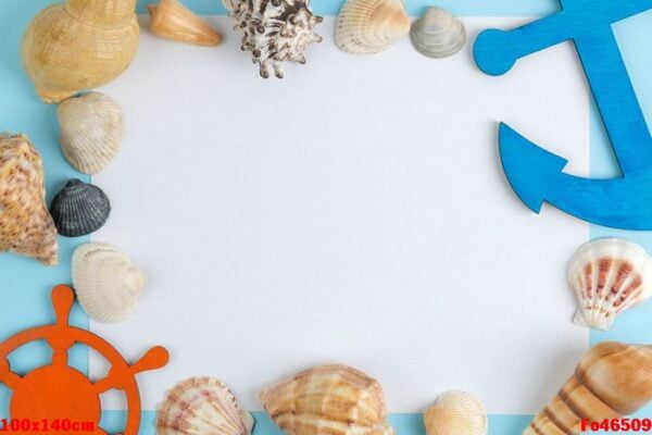 blank for text with sea, summer accessories on a bright blue background. top view.