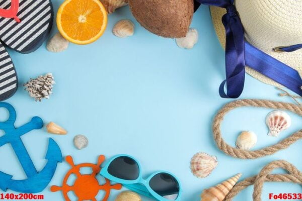 summer accessories with coconut, orange, sun glasses and shells, on a bright blue background. free space. top view. frame