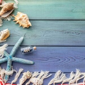 summer background: fringed pareo, seashells, boat in a bottle, starfish on a blue wooden background