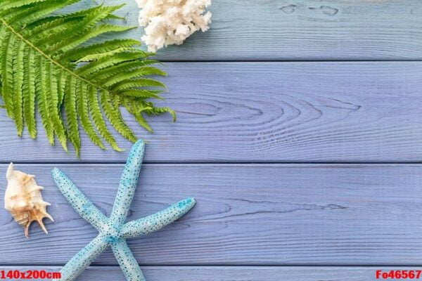 summer background: multicolored starfish, coral, fern, seashell on a blue wooden background