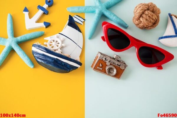 summer holiday travel concept on yellow and blue background