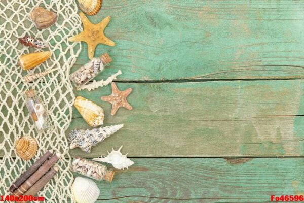 summer sea wooden old background with sea netting, seashells and starfishes