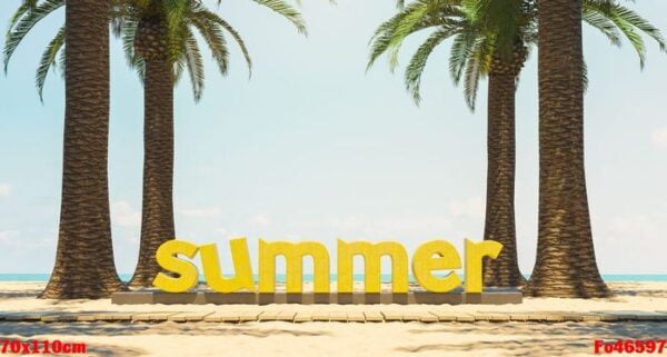 summer sign on beach sand with palm trees and wooden path