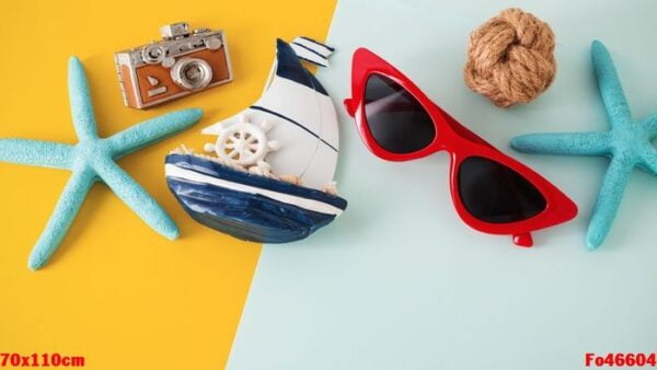 sunglasses and accessories on yellow and blue background