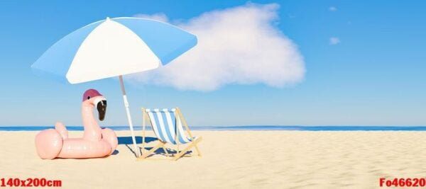 umbrella with flamingo float and chair on the sandy beach