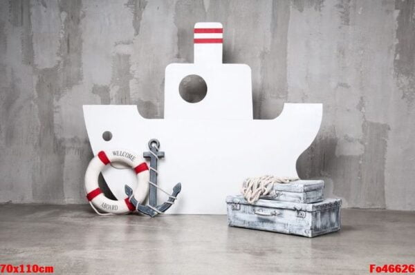 wooden boat on a gray background with an anchor and a circle. traveling is waiting.