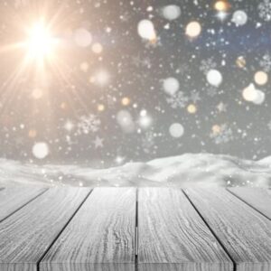 3d wooden table looking out to a snowy scene