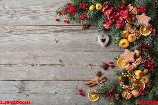 christmas wooden background with branches tree decorations sweet