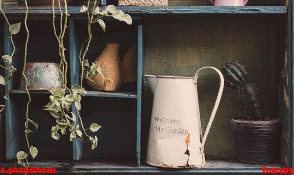 garden tools and flowerpots on wood shelf background with vintage feel