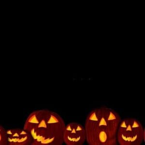 happy halloween pumpkins lined up in a row in a black background.