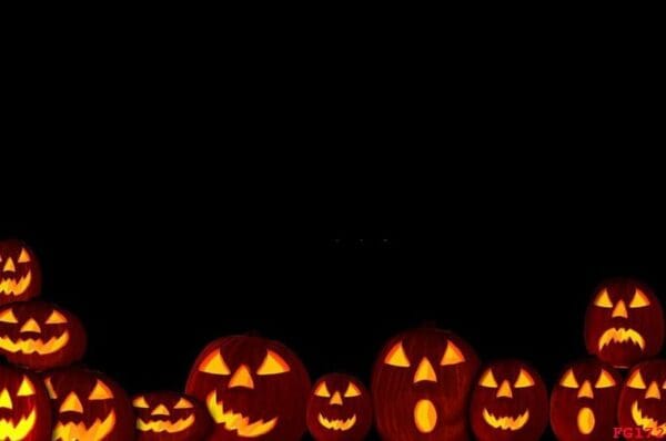 happy halloween pumpkins lined up in a row in a black background.