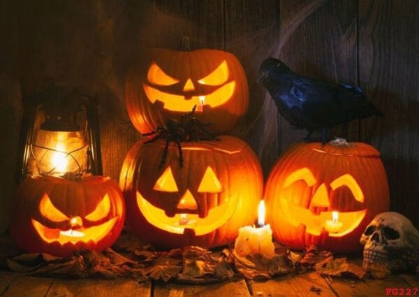 halloween jack o lantern pumpkins on rustic wooden background