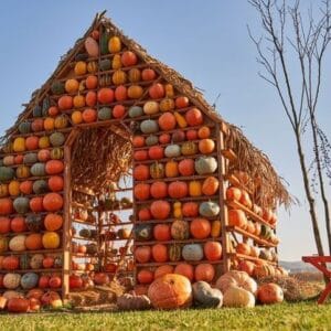 beautiful artificial house made from pumpkins outdoors.