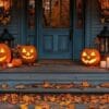 festive halloween porch with glowing jack o lanterns, candles, a