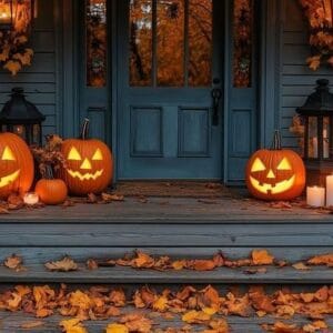 festive halloween porch with glowing jack o lanterns, candles, a