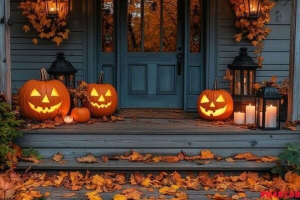 festive halloween porch with glowing jack o lanterns, candles, a