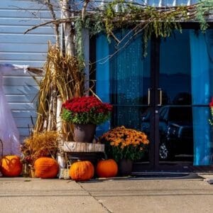 a,fall,harvest,display ,complete,with,pumpkins,,scarecrow,,autumn,flowers