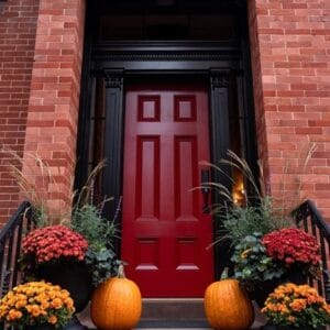 colorful,pumpkins,and,flowers,on,the,stairs,of,an,old