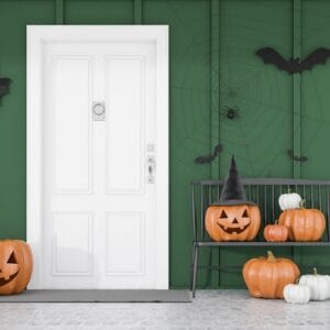 carved,pumpkins,,bats,and,spiders,near,white,front,door,of