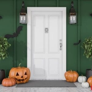 carved,pumpkins,and,bats,near,white,front,door,of,modern