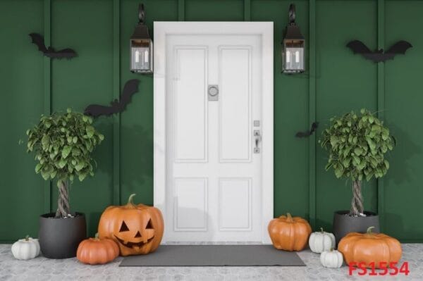 carved,pumpkins,and,bats,near,white,front,door,of,modern