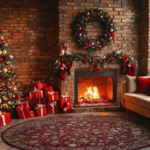 cozy winter living room decorated for christmas with a fireplace and a beautifully adorned tree