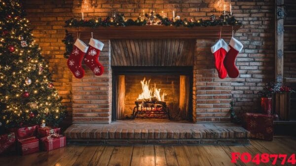 cozy living room decorated for christmas with a fireplace and beautifully wrapped gifts